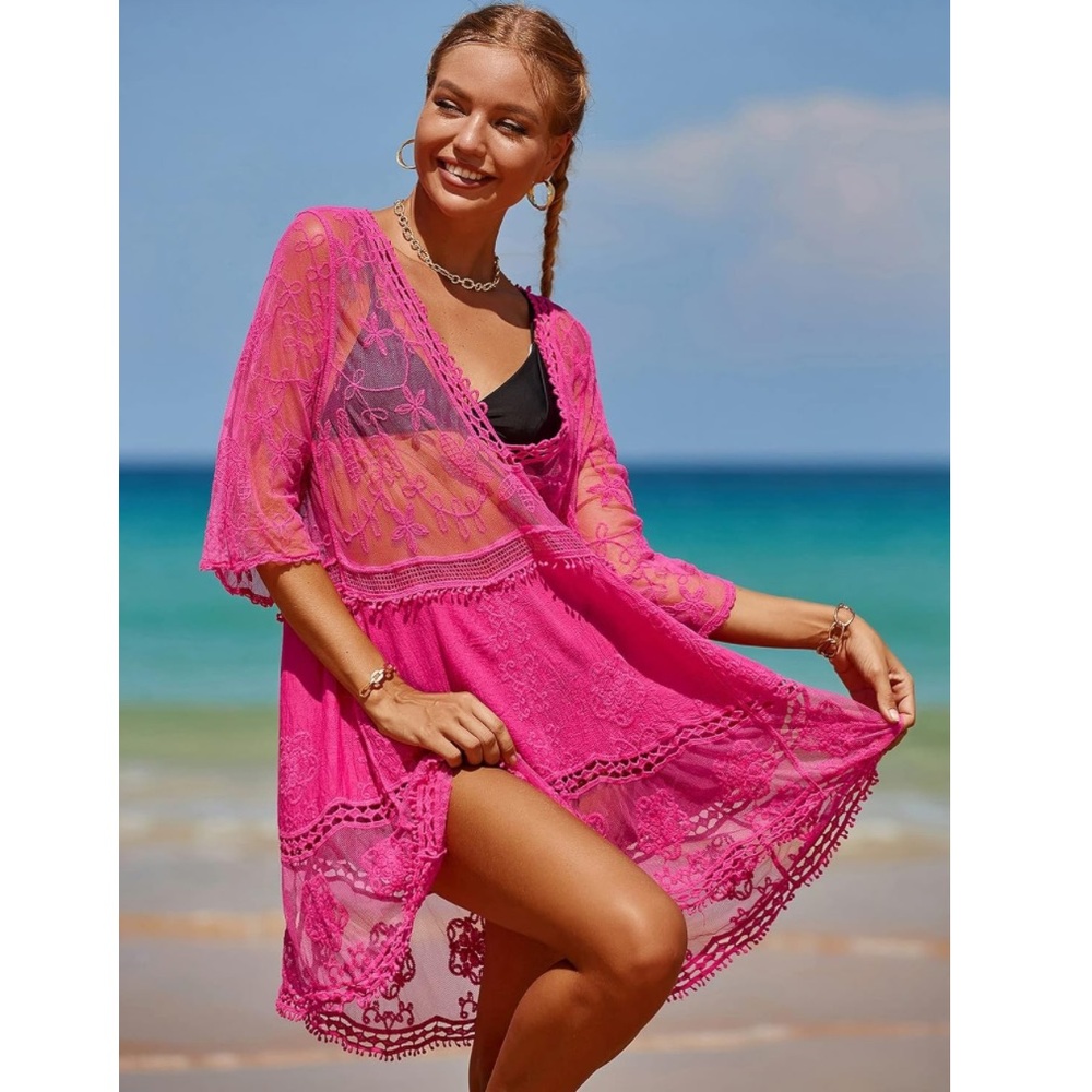 Ladies Fuchsia Pink Lace Swim Coverup Dress